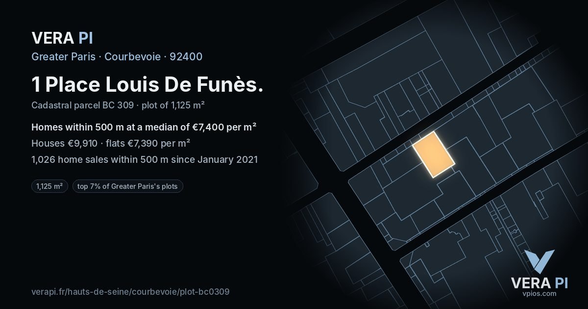 1 Place Louis De Funès, Courbevoie at night – the plot lit, the parcels around coloured by the prices near them