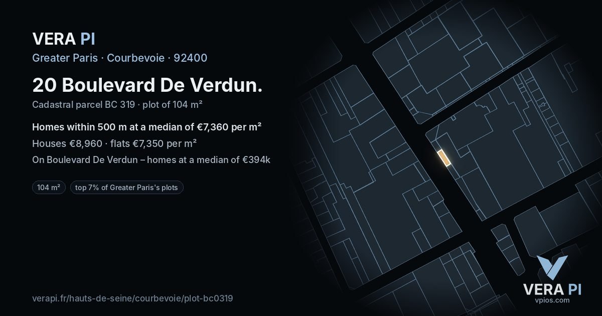 20 Boulevard De Verdun, Courbevoie at night – the plot lit, the parcels around coloured by the prices near them