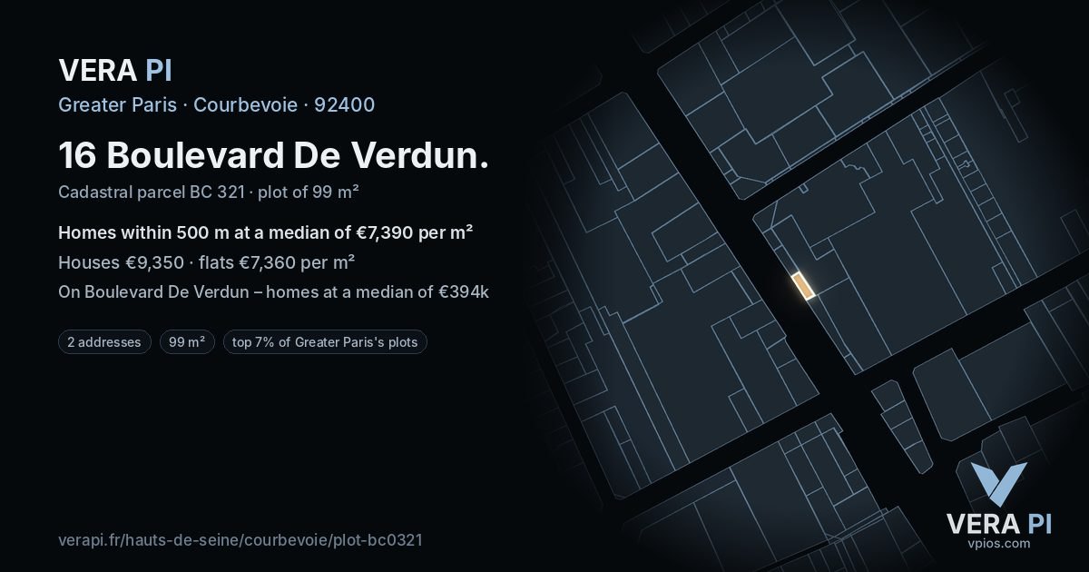 16 Boulevard De Verdun, Courbevoie at night – the plot lit, the parcels around coloured by the prices near them