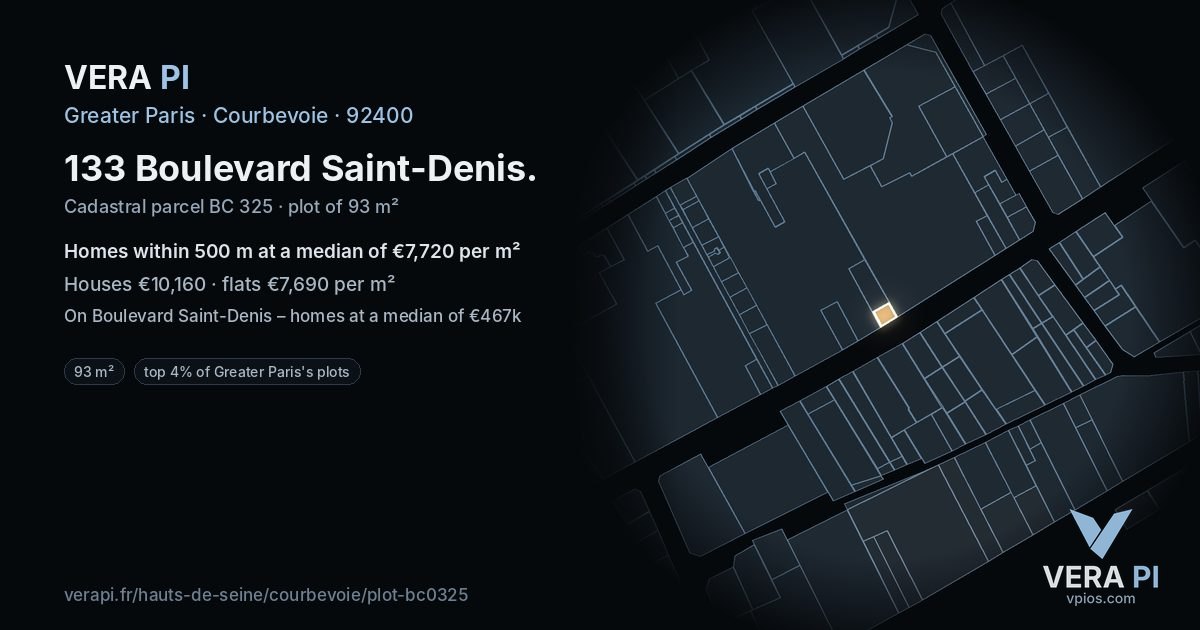 133 Boulevard Saint-Denis, Courbevoie at night – the plot lit, the parcels around coloured by the prices near them