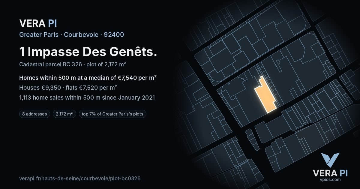 1 Impasse Des Genêts, Courbevoie at night – the plot lit, the parcels around coloured by the prices near them