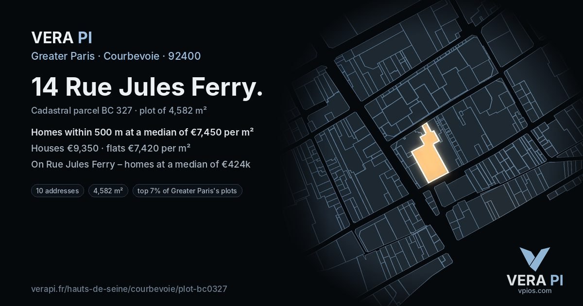 14 Rue Jules Ferry, Courbevoie at night – the plot lit, the parcels around coloured by the prices near them