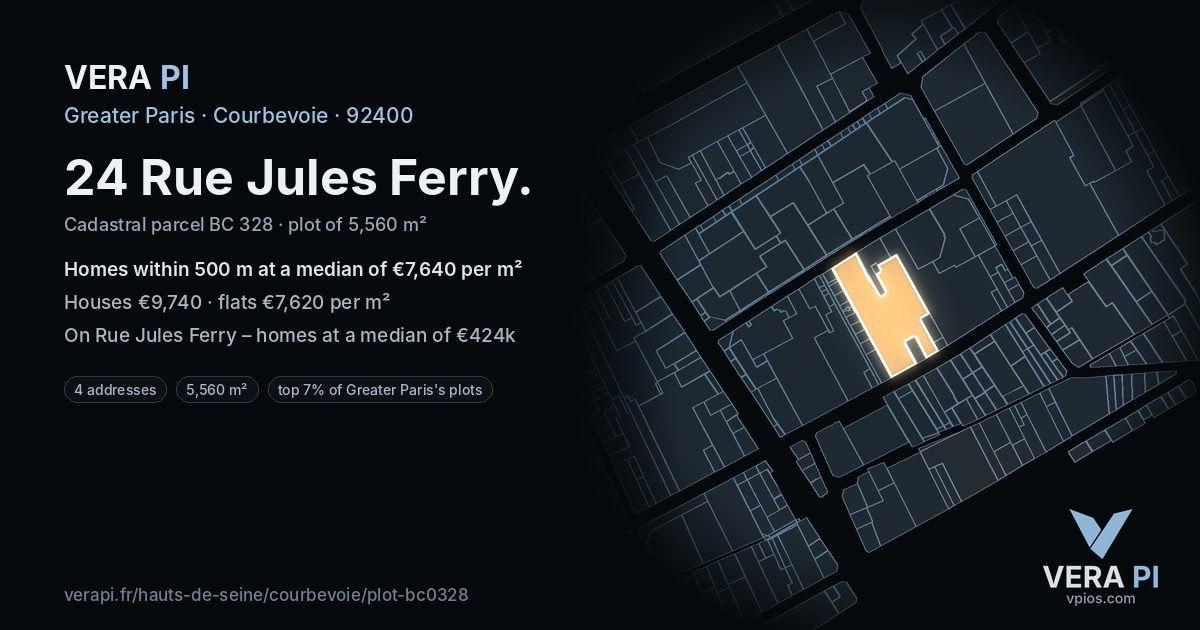 24 Rue Jules Ferry, Courbevoie at night – the plot lit, the parcels around coloured by the prices near them