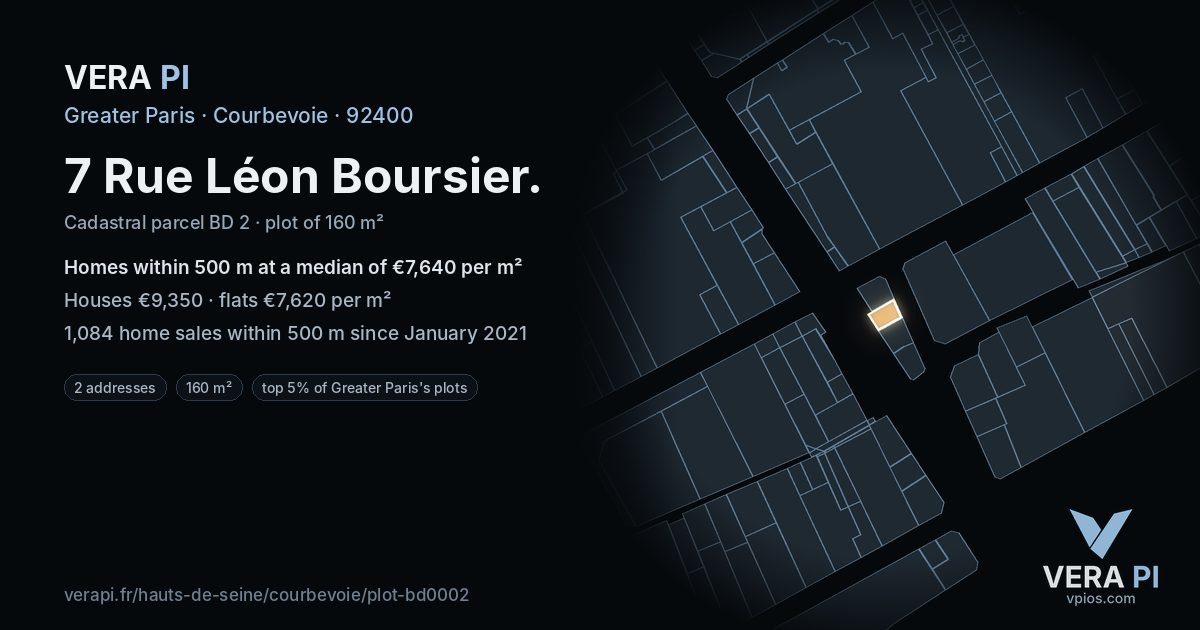 7 Rue Léon Boursier, Courbevoie at night – the plot lit, the parcels around coloured by the prices near them