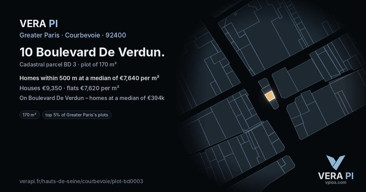 10 Boulevard De Verdun, Courbevoie at night – the plot lit, the parcels around coloured by the prices near them