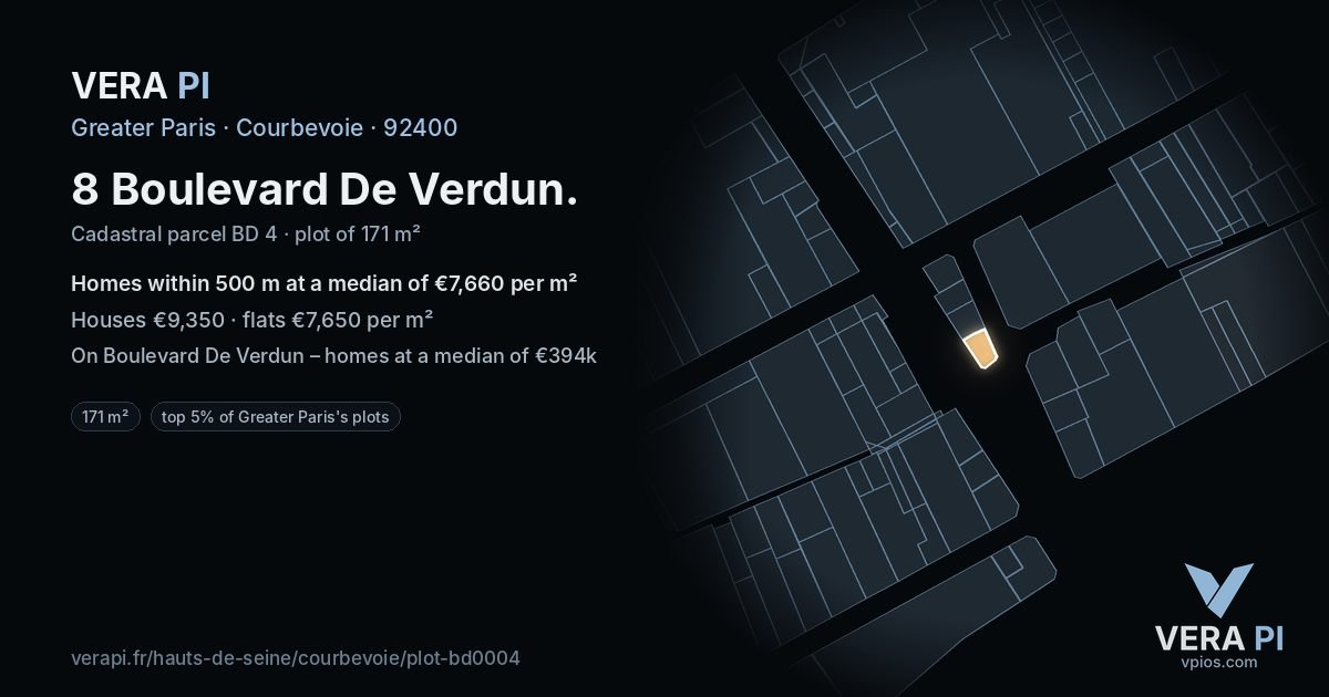 8 Boulevard De Verdun, Courbevoie at night – the plot lit, the parcels around coloured by the prices near them