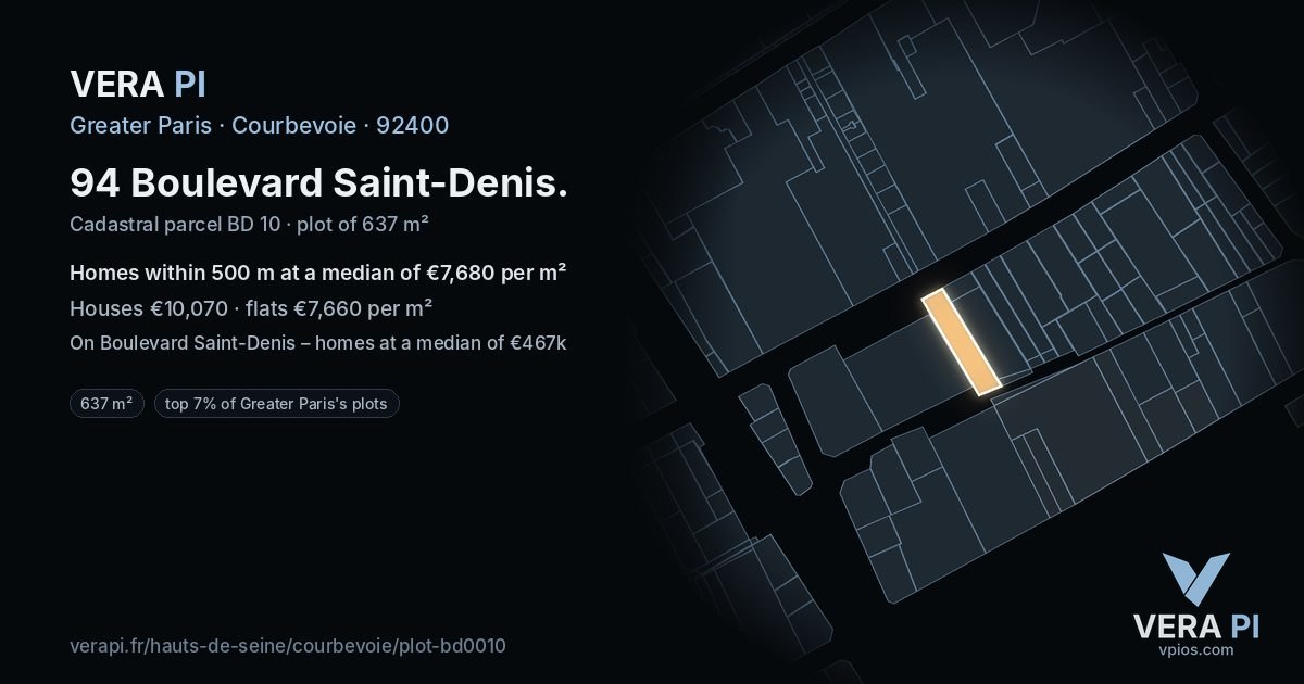 94 Boulevard Saint-Denis, Courbevoie at night – the plot lit, the parcels around coloured by the prices near them