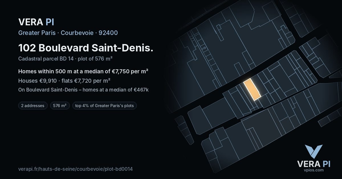 102 Boulevard Saint-Denis, Courbevoie at night – the plot lit, the parcels around coloured by the prices near them