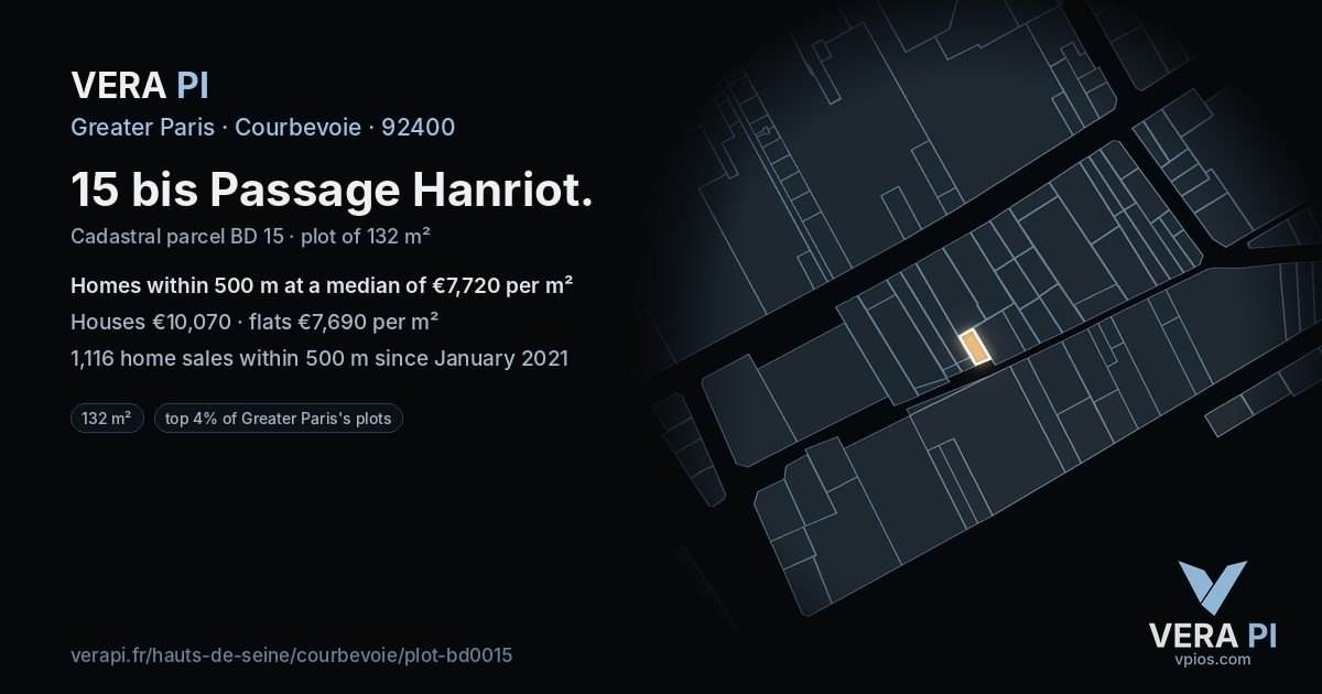 15 bis Passage Hanriot, Courbevoie at night – the plot lit, the parcels around coloured by the prices near them