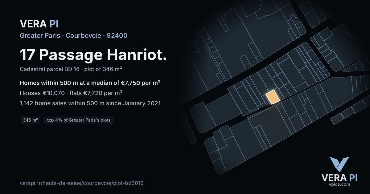 17 Passage Hanriot, Courbevoie at night – the plot lit, the parcels around coloured by the prices near them