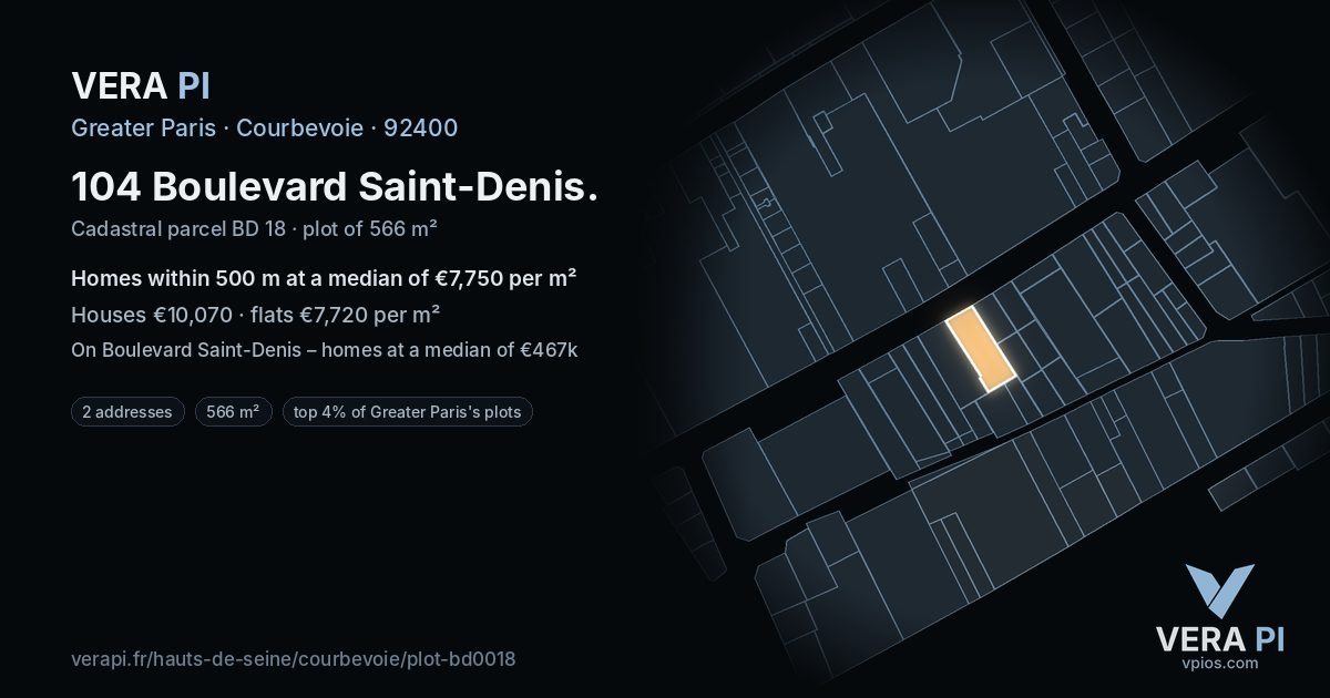104 Boulevard Saint-Denis, Courbevoie at night – the plot lit, the parcels around coloured by the prices near them
