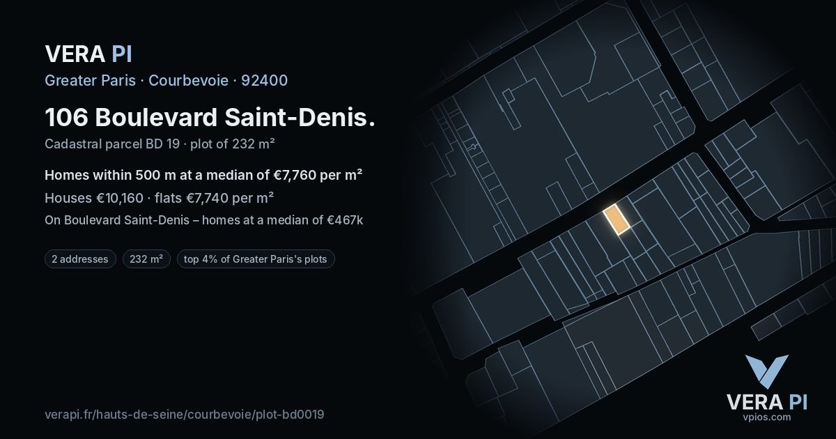 106 Boulevard Saint-Denis, Courbevoie at night – the plot lit, the parcels around coloured by the prices near them