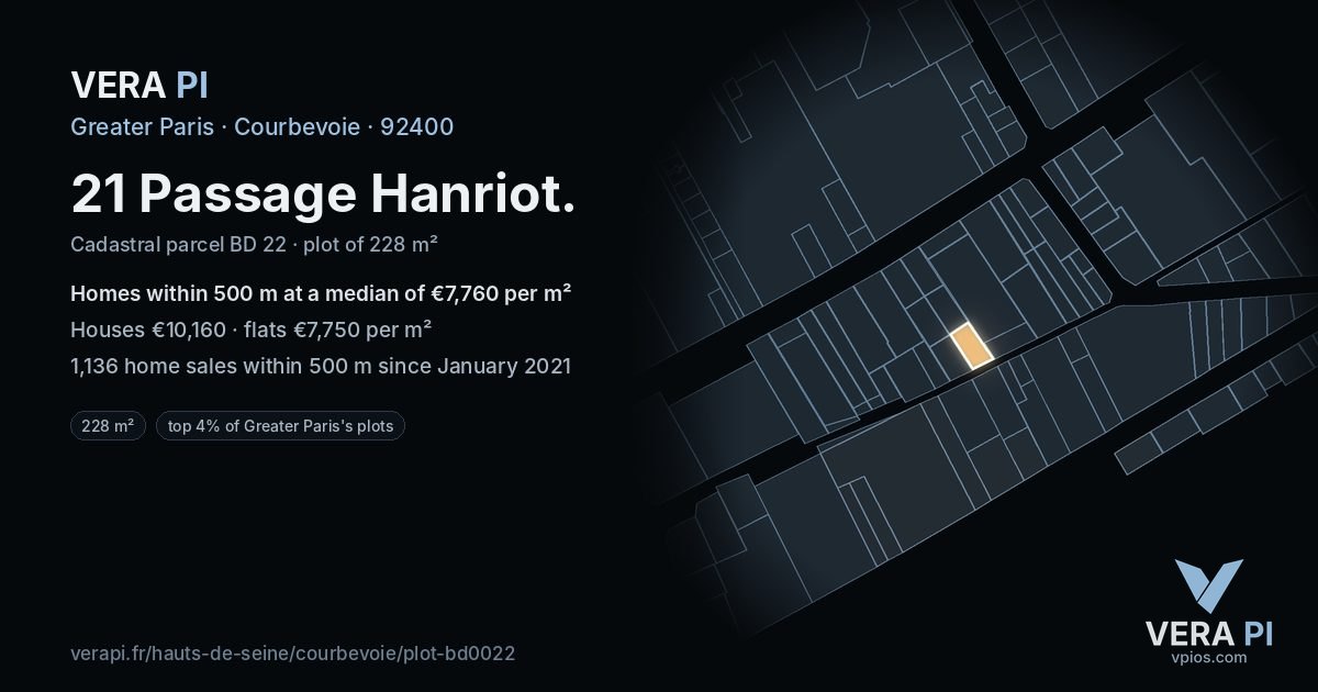 21 Passage Hanriot, Courbevoie at night – the plot lit, the parcels around coloured by the prices near them