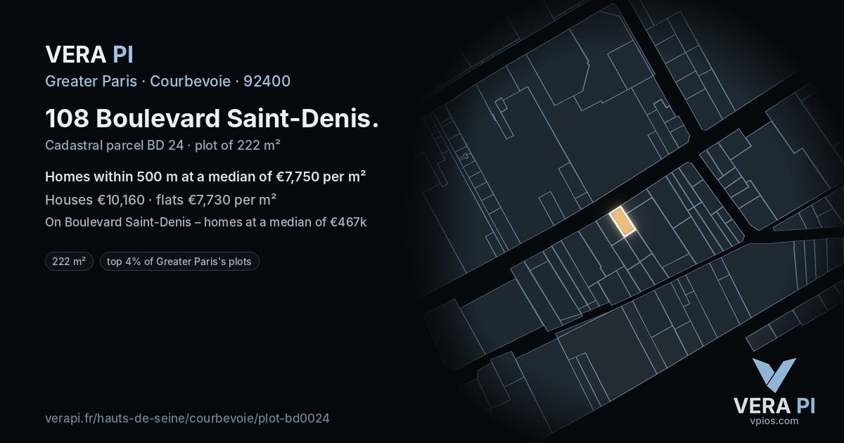 108 Boulevard Saint-Denis, Courbevoie at night – the plot lit, the parcels around coloured by the prices near them