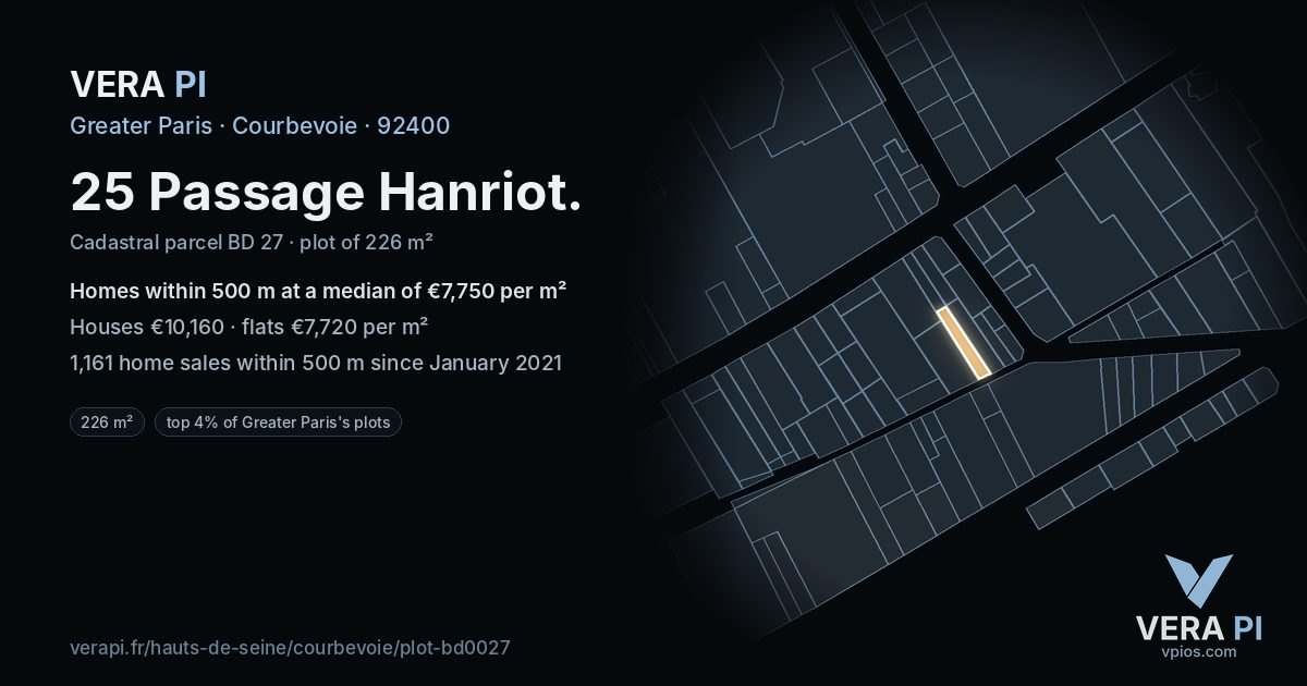 25 Passage Hanriot, Courbevoie at night – the plot lit, the parcels around coloured by the prices near them