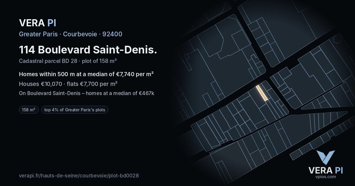 114 Boulevard Saint-Denis, Courbevoie at night – the plot lit, the parcels around coloured by the prices near them