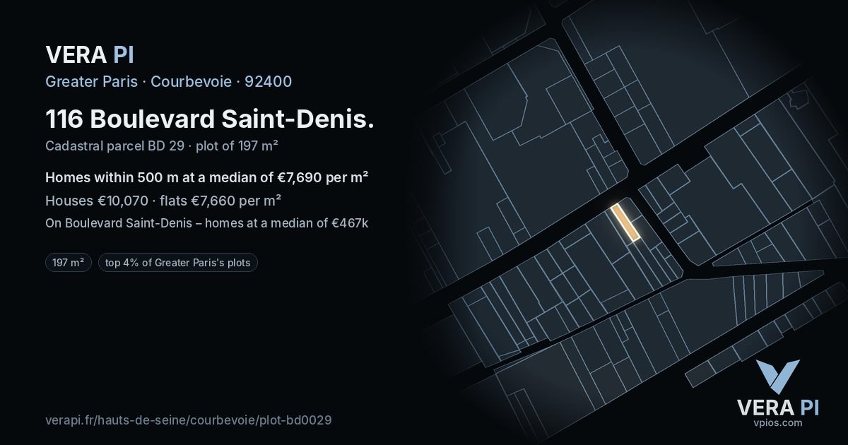 116 Boulevard Saint-Denis, Courbevoie at night – the plot lit, the parcels around coloured by the prices near them