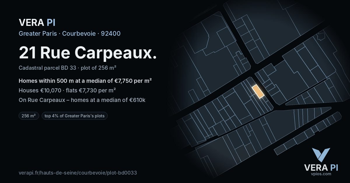 21 Rue Carpeaux, Courbevoie at night – the plot lit, the parcels around coloured by the prices near them