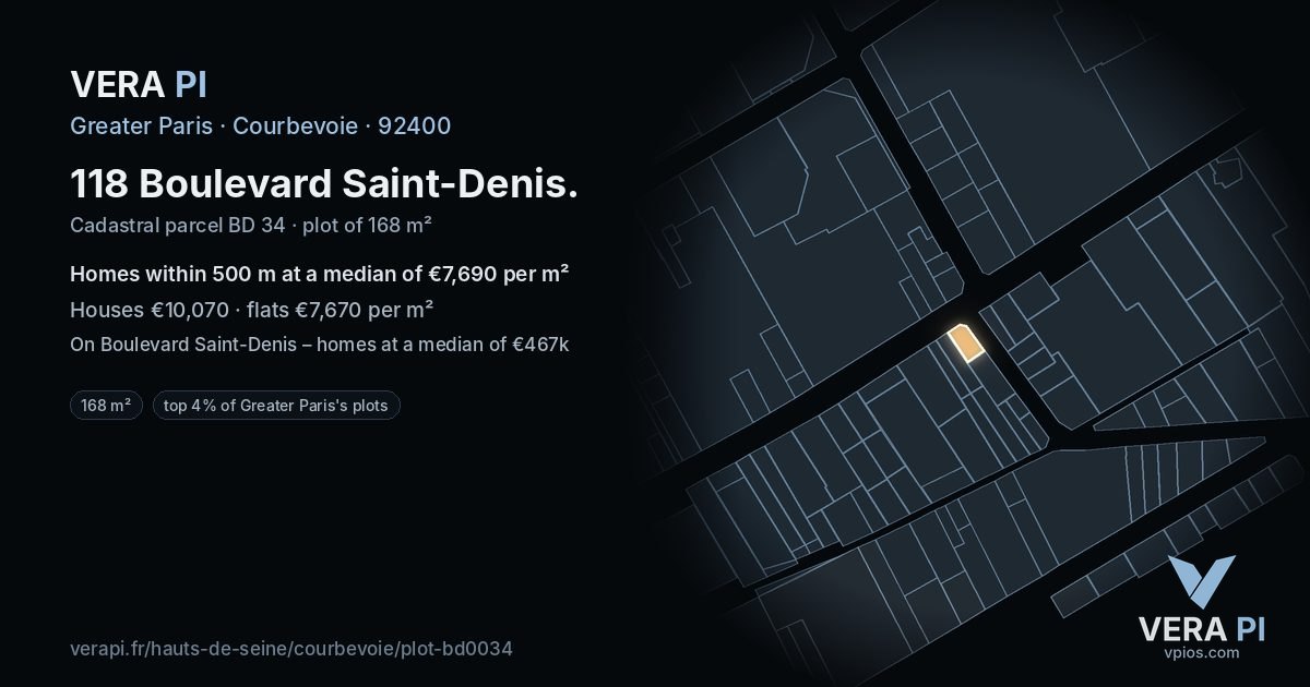 118 Boulevard Saint-Denis, Courbevoie at night – the plot lit, the parcels around coloured by the prices near them