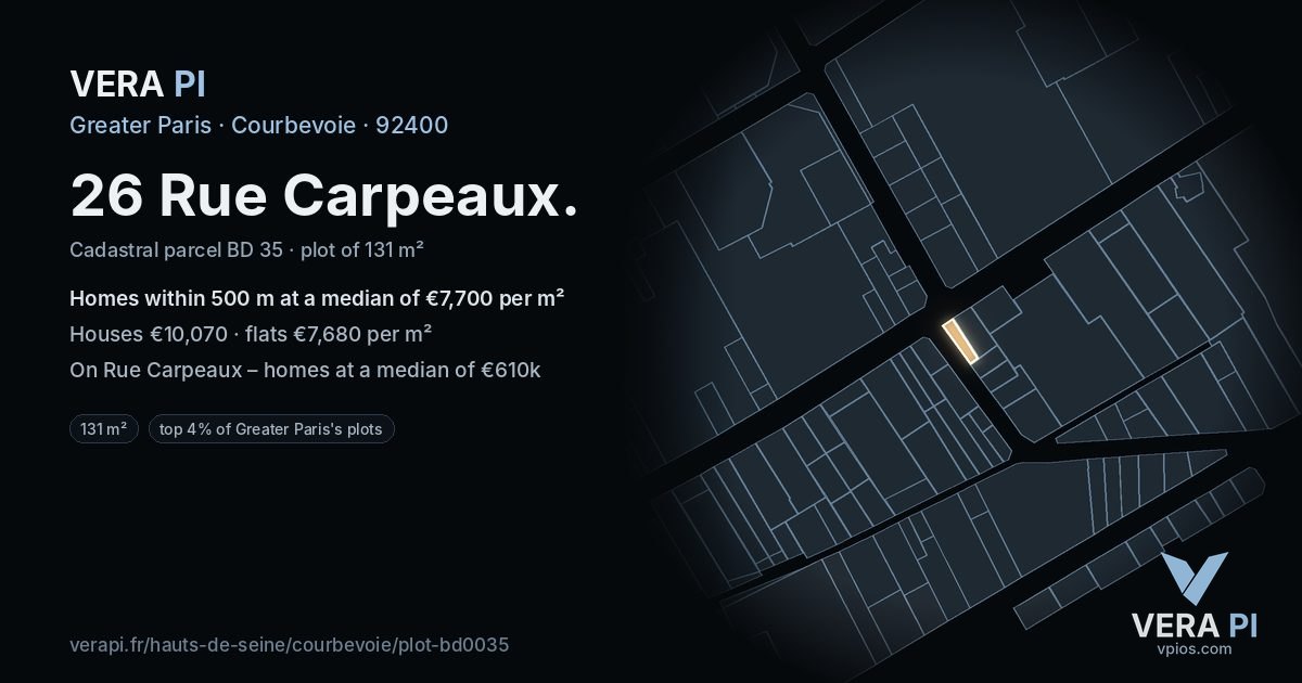 26 Rue Carpeaux, Courbevoie at night – the plot lit, the parcels around coloured by the prices near them
