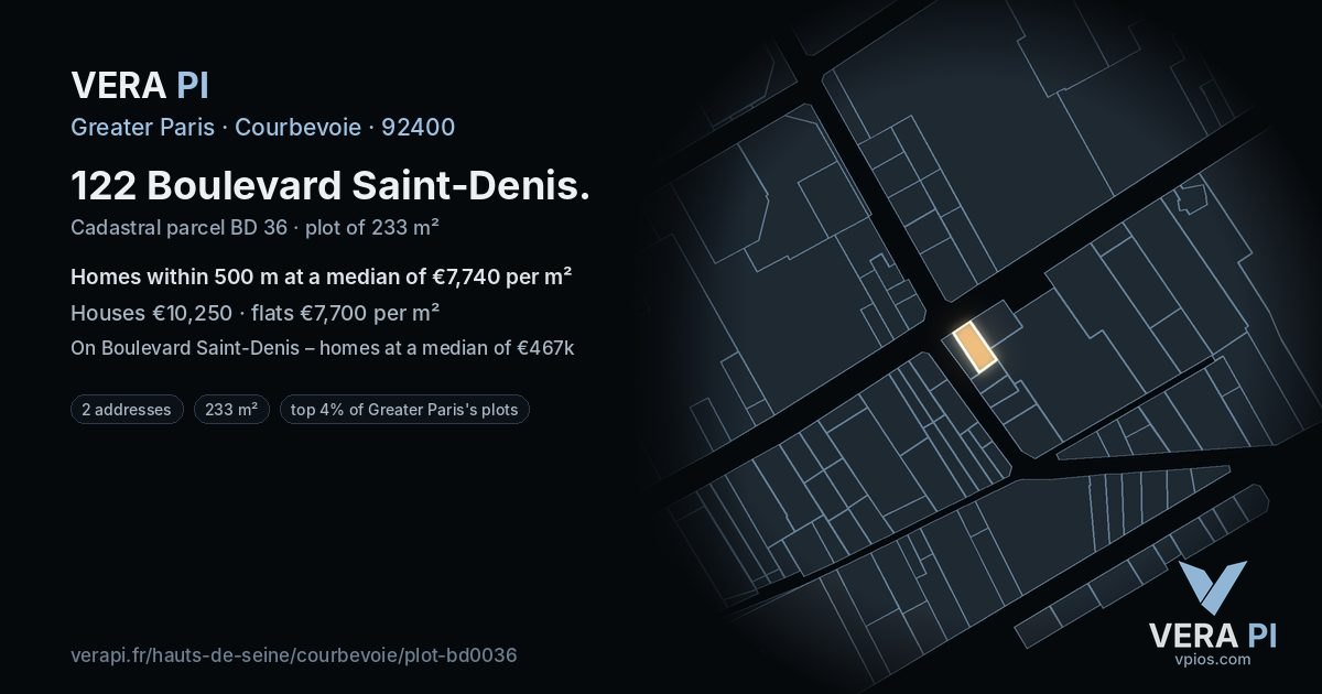 122 Boulevard Saint-Denis, Courbevoie at night – the plot lit, the parcels around coloured by the prices near them