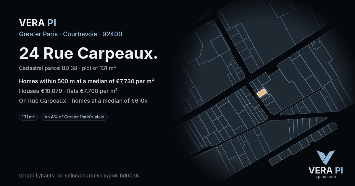 24 Rue Carpeaux, Courbevoie at night – the plot lit, the parcels around coloured by the prices near them