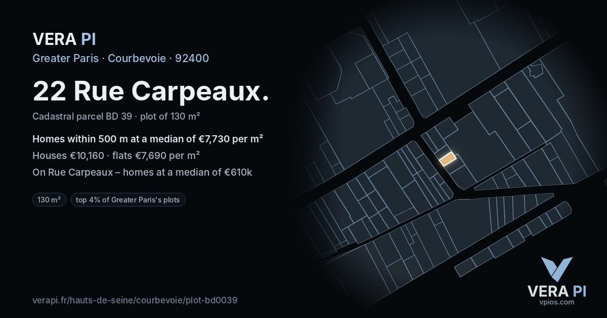 22 Rue Carpeaux, Courbevoie at night – the plot lit, the parcels around coloured by the prices near them