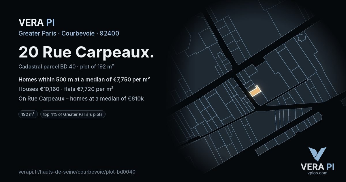 20 Rue Carpeaux, Courbevoie at night – the plot lit, the parcels around coloured by the prices near them