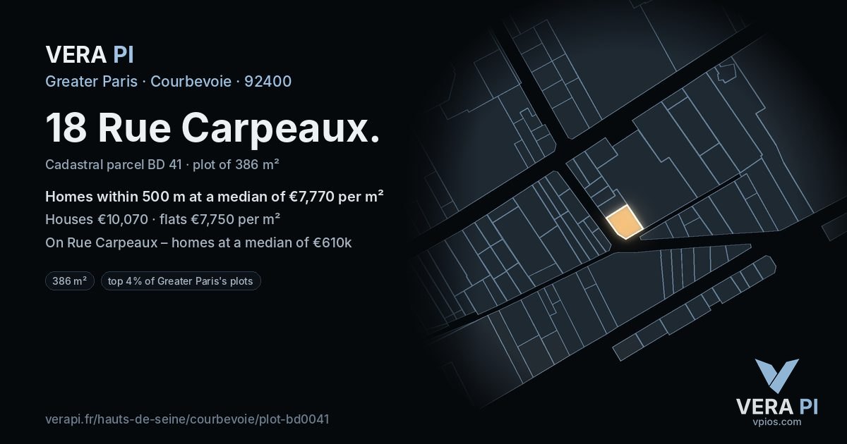 18 Rue Carpeaux, Courbevoie at night – the plot lit, the parcels around coloured by the prices near them