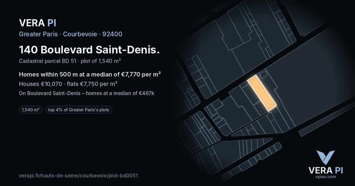 140 Boulevard Saint-Denis, Courbevoie at night – the plot lit, the parcels around coloured by the prices near them