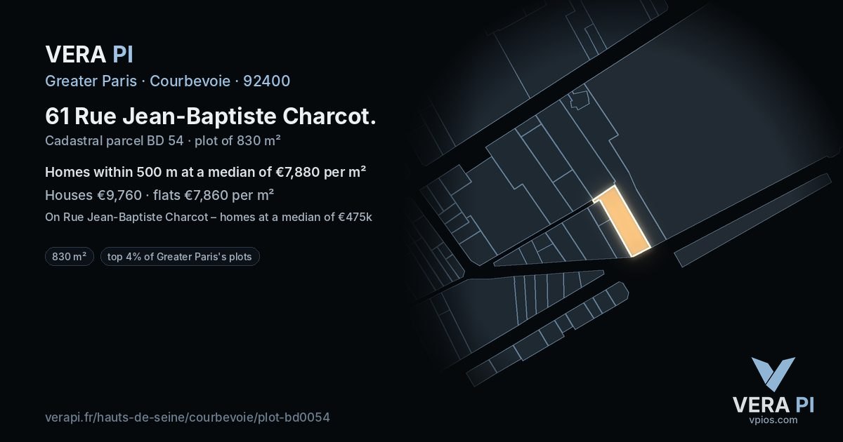 61 Rue Jean-Baptiste Charcot, Courbevoie at night – the plot lit, the parcels around coloured by the prices near them