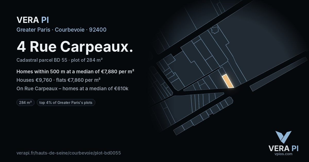 4 Rue Carpeaux, Courbevoie at night – the plot lit, the parcels around coloured by the prices near them