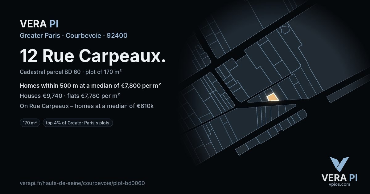 12 Rue Carpeaux, Courbevoie at night – the plot lit, the parcels around coloured by the prices near them