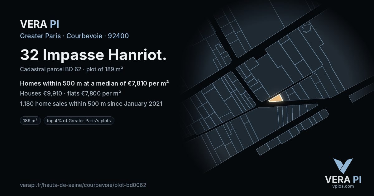 32 Impasse Hanriot, Courbevoie at night – the plot lit, the parcels around coloured by the prices near them
