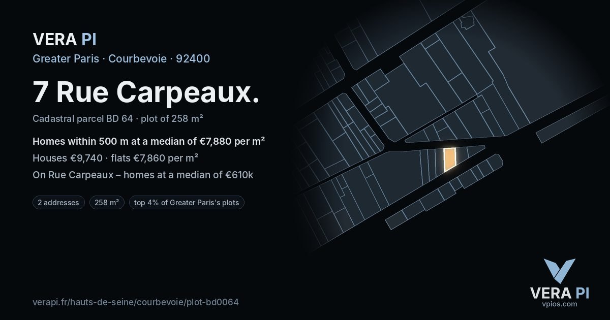 7 Rue Carpeaux, Courbevoie at night – the plot lit, the parcels around coloured by the prices near them