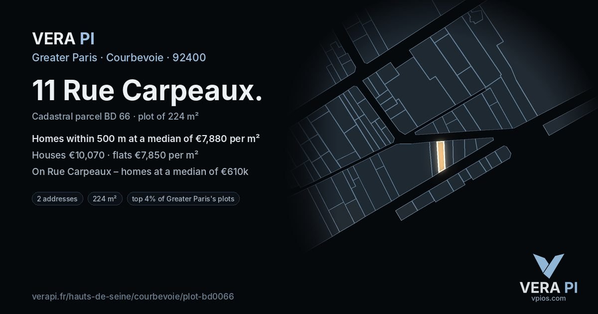 11 Rue Carpeaux, Courbevoie at night – the plot lit, the parcels around coloured by the prices near them