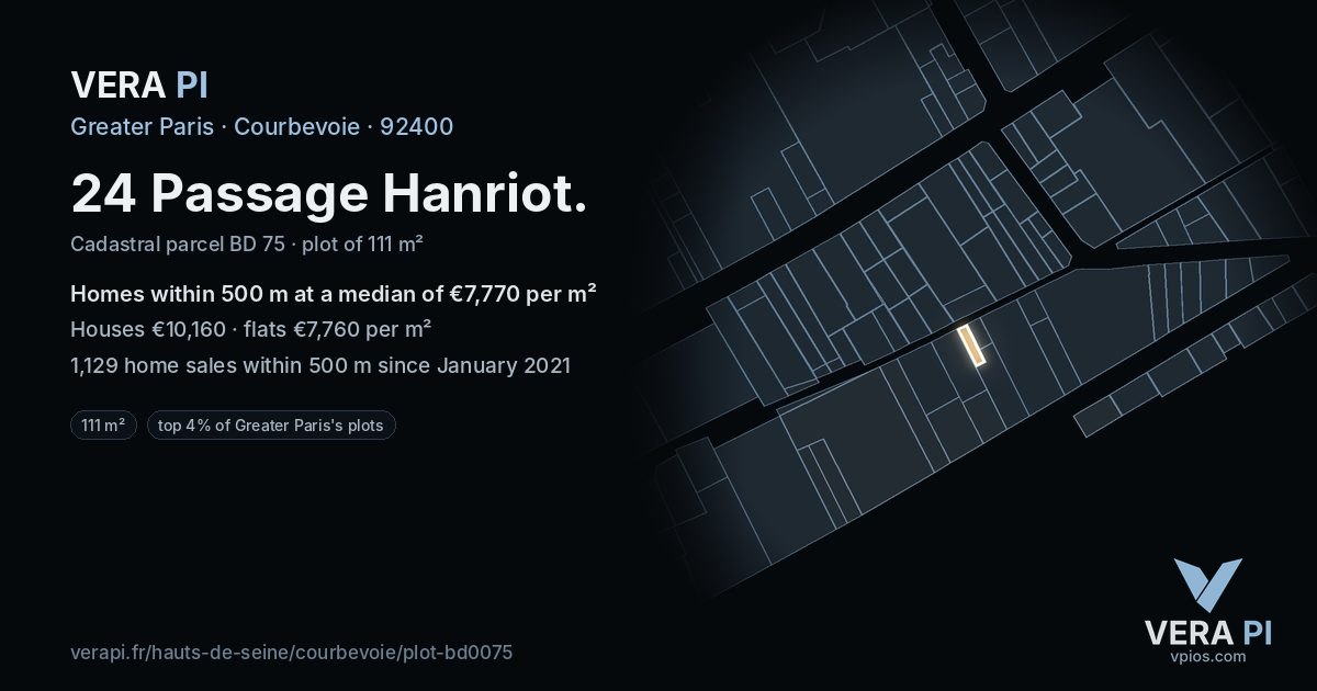24 Passage Hanriot, Courbevoie at night – the plot lit, the parcels around coloured by the prices near them