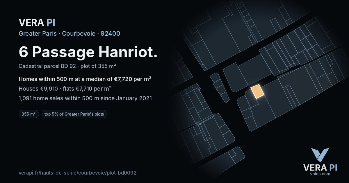 6 Passage Hanriot, Courbevoie at night – the plot lit, the parcels around coloured by the prices near them