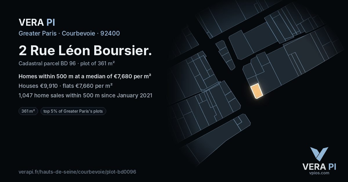 2 Rue Léon Boursier, Courbevoie at night – the plot lit, the parcels around coloured by the prices near them