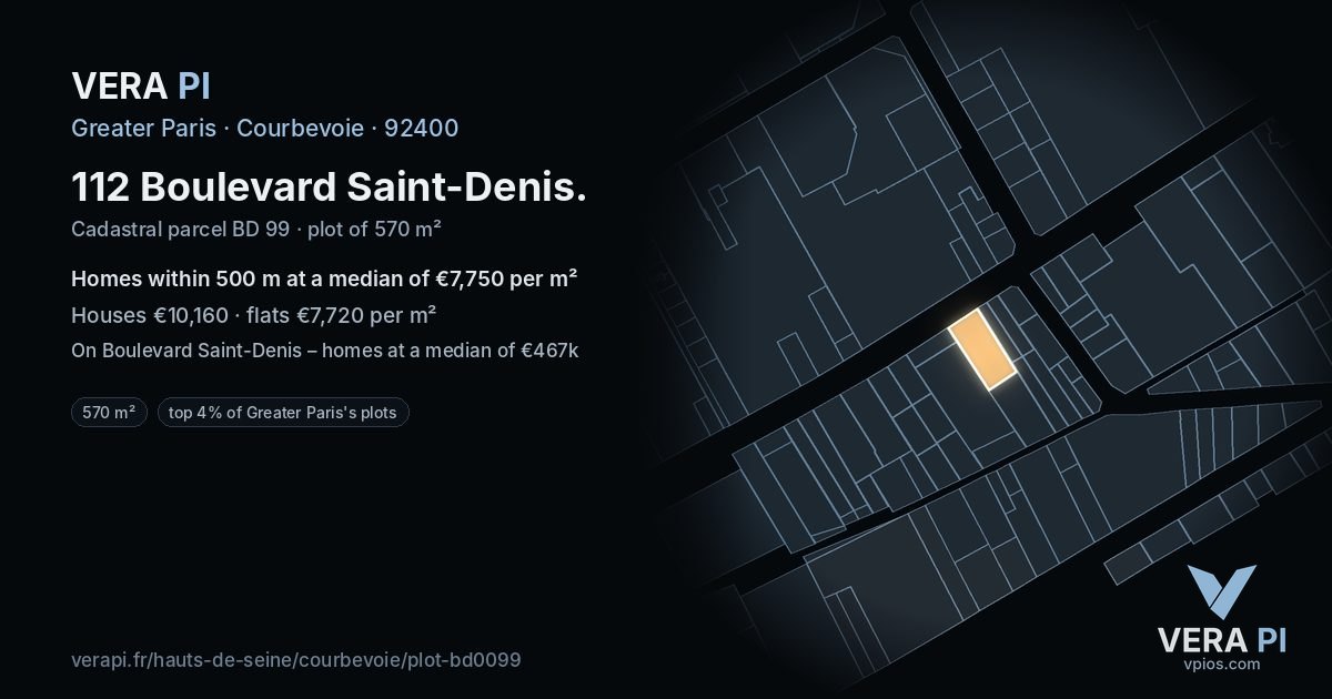 112 Boulevard Saint-Denis, Courbevoie at night – the plot lit, the parcels around coloured by the prices near them
