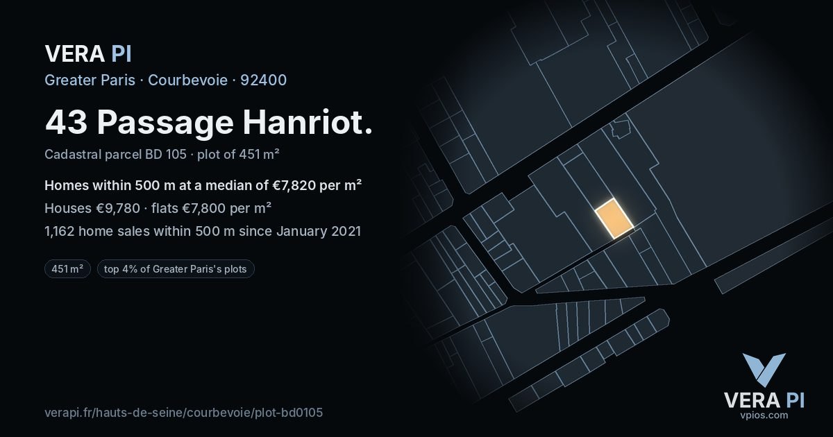 43 Passage Hanriot, Courbevoie at night – the plot lit, the parcels around coloured by the prices near them