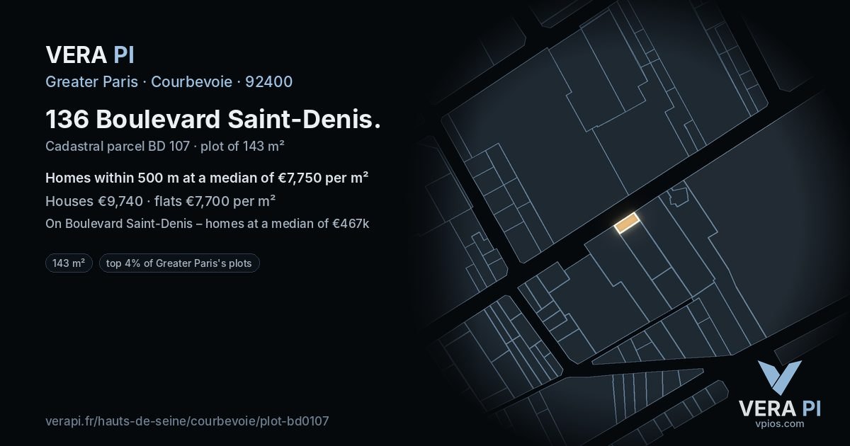 136 Boulevard Saint-Denis, Courbevoie at night – the plot lit, the parcels around coloured by the prices near them
