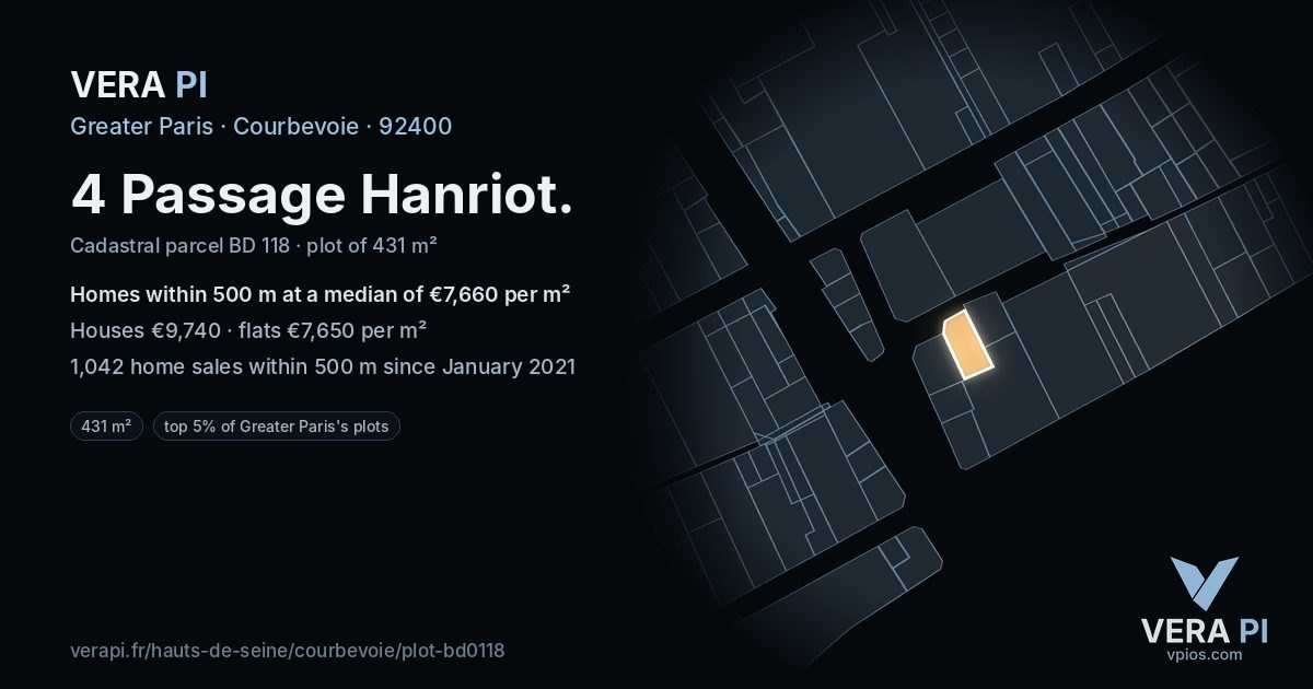 4 Passage Hanriot, Courbevoie at night – the plot lit, the parcels around coloured by the prices near them
