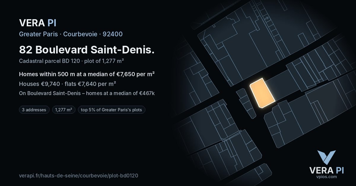 82 Boulevard Saint-Denis, Courbevoie at night – the plot lit, the parcels around coloured by the prices near them