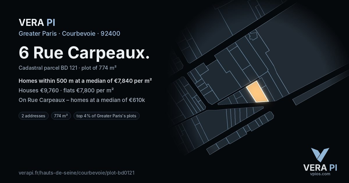 6 Rue Carpeaux, Courbevoie at night – the plot lit, the parcels around coloured by the prices near them