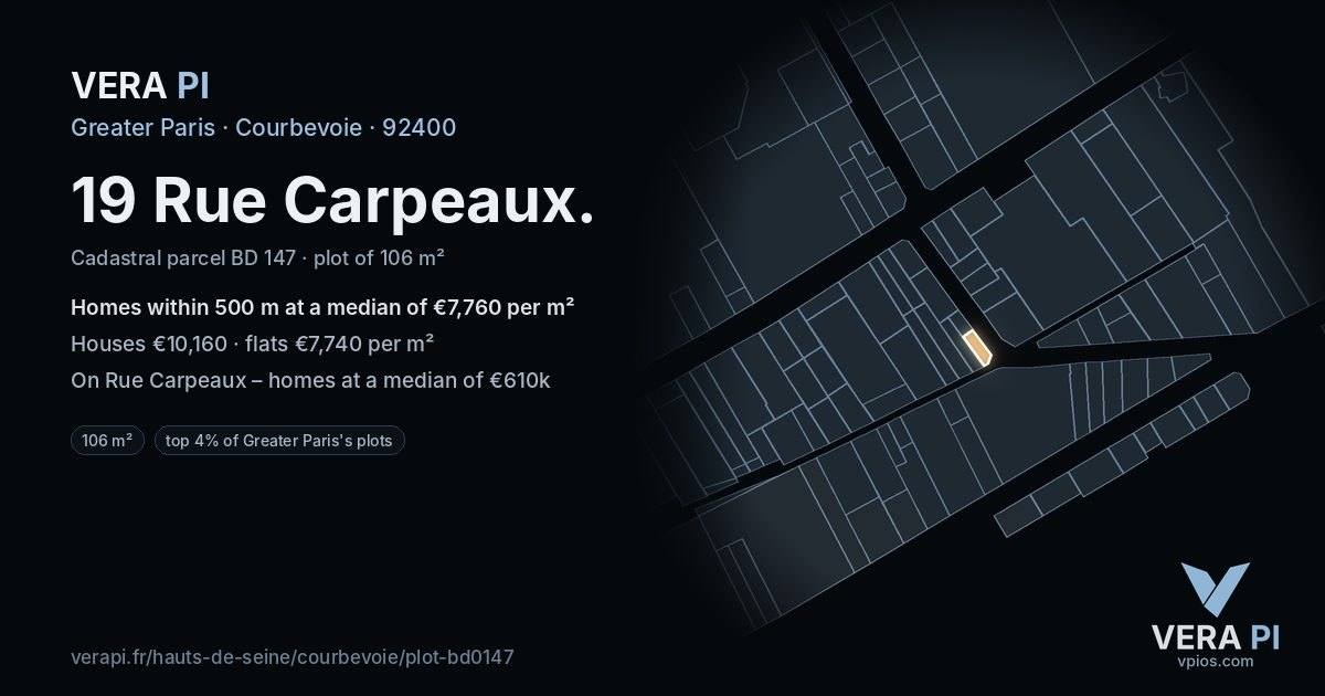 19 Rue Carpeaux, Courbevoie at night – the plot lit, the parcels around coloured by the prices near them