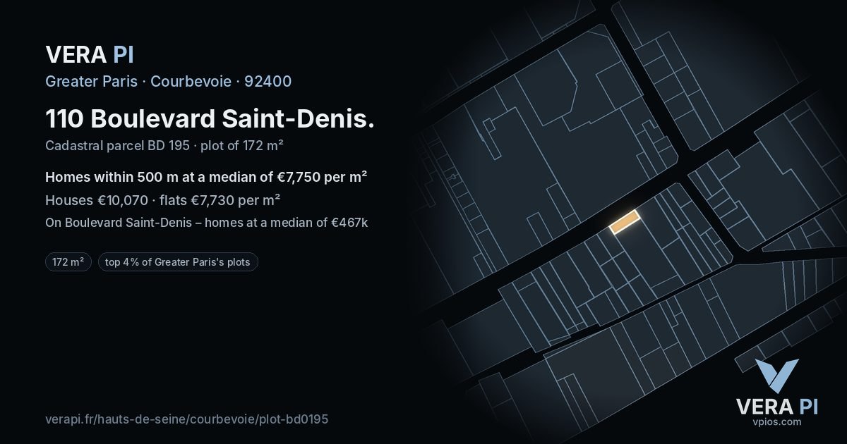 110 Boulevard Saint-Denis, Courbevoie at night – the plot lit, the parcels around coloured by the prices near them