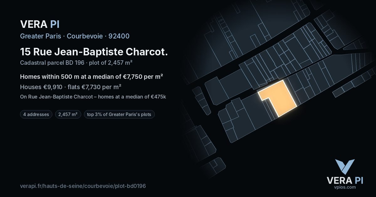 15 Rue Jean-Baptiste Charcot, Courbevoie at night – the plot lit, the parcels around coloured by the prices near them