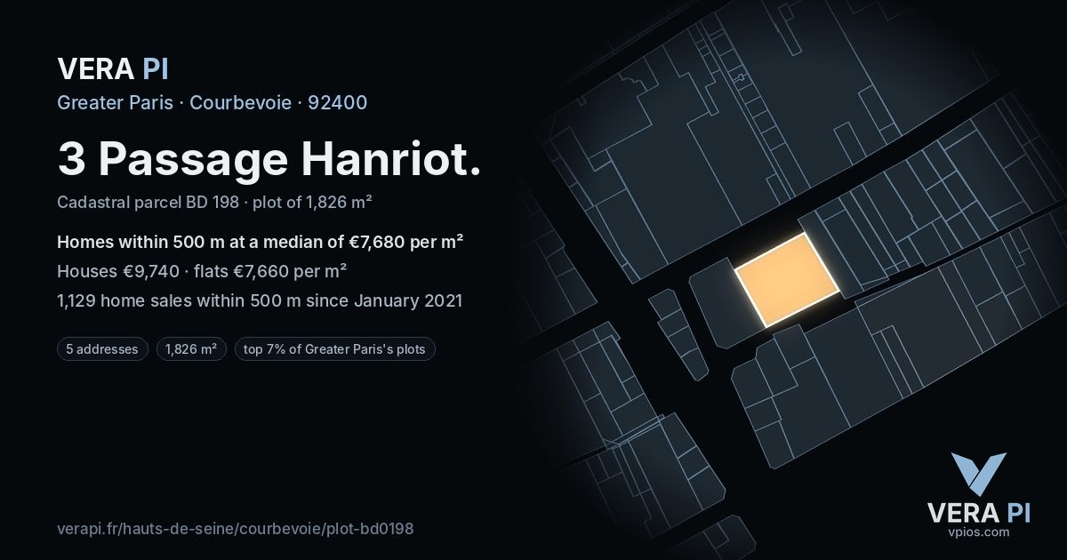 3 Passage Hanriot, Courbevoie at night – the plot lit, the parcels around coloured by the prices near them