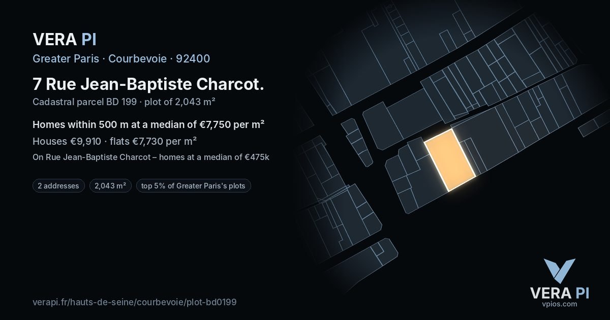 7 Rue Jean-Baptiste Charcot, Courbevoie at night – the plot lit, the parcels around coloured by the prices near them